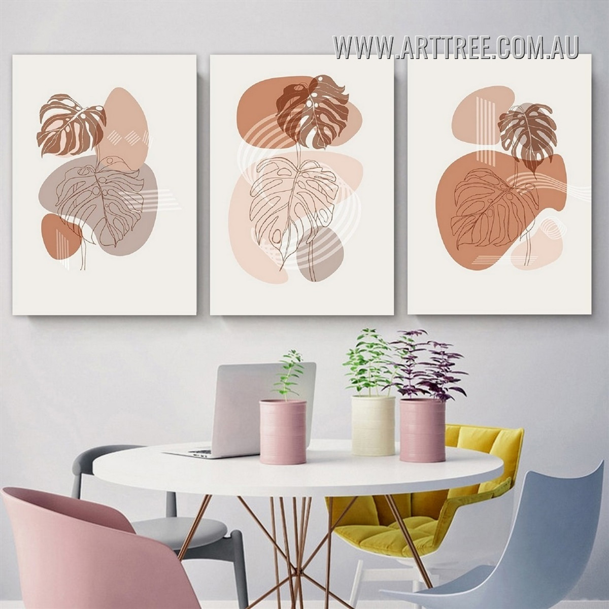 Monstera Smirch Leafage Scandinavian Artwork 3 Piece Photograph Abstract Framed Canvas Print for Scandinavian Room Wall Garniture