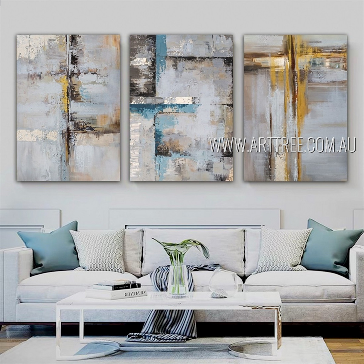 Lines Stains Abstract Vintage Heavy Texture Acrylic Artist Handmade Framed Stretched 3 Piece Multi Panel Canvas Oil Painting Wall Art Set For Room Garniture