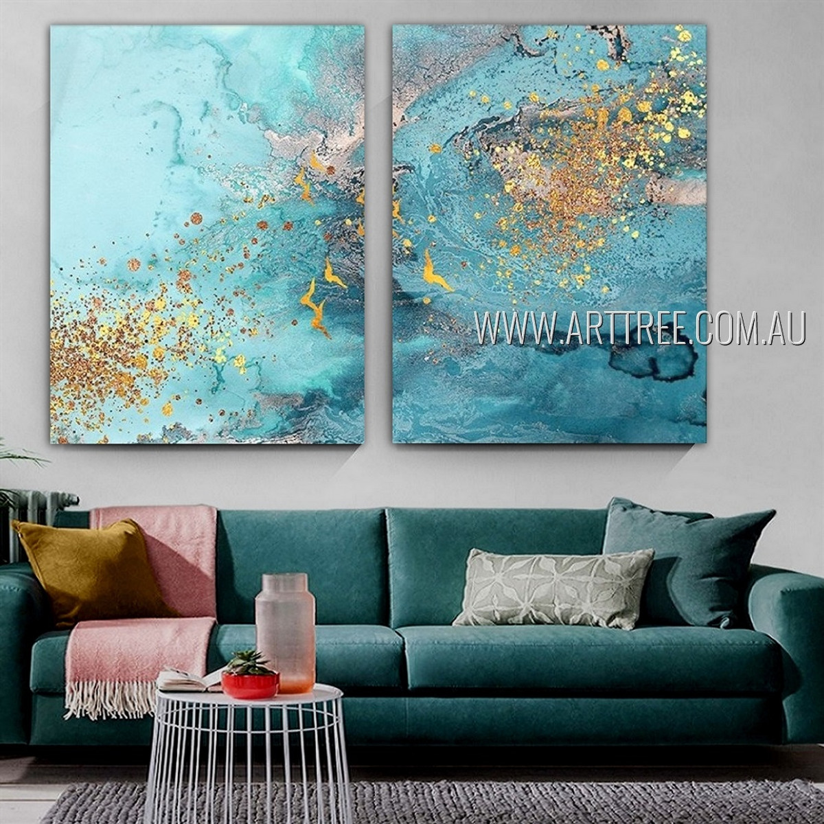 Auburn Spots Abstract Modern Heavy Texture Artist Handmade Framed Stretched 2 Piece Multi Panel Canvas Oil Painting Wall Art Set For Room Decor