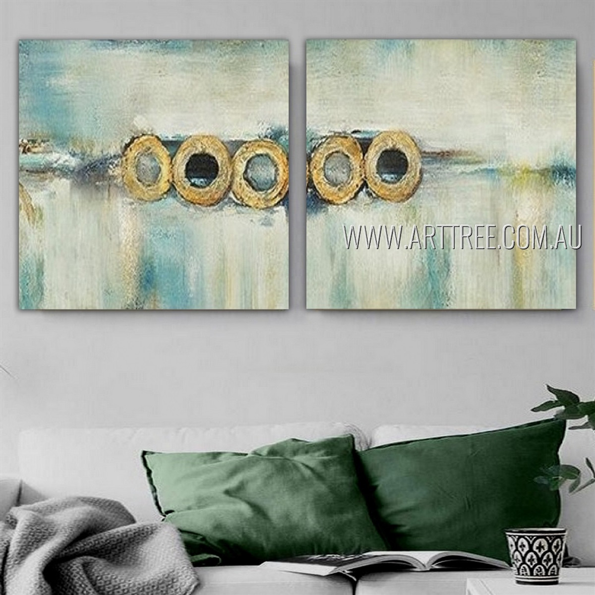 Circular Design Abstract Contemporary Heavy Texture Artist Handmade Framed Stretched 2 Piece Multi Panel Painting Wall Art Set For Room Décor