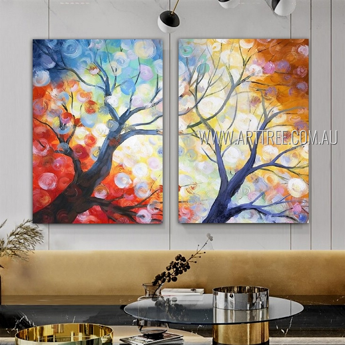 Dried Trees Abstract Botanical Modern Heavy Texture Artist Handmade Framed Stretched 2 Piece Multi Panel Canvas Oil Painting Wall Art Set For Room Decor