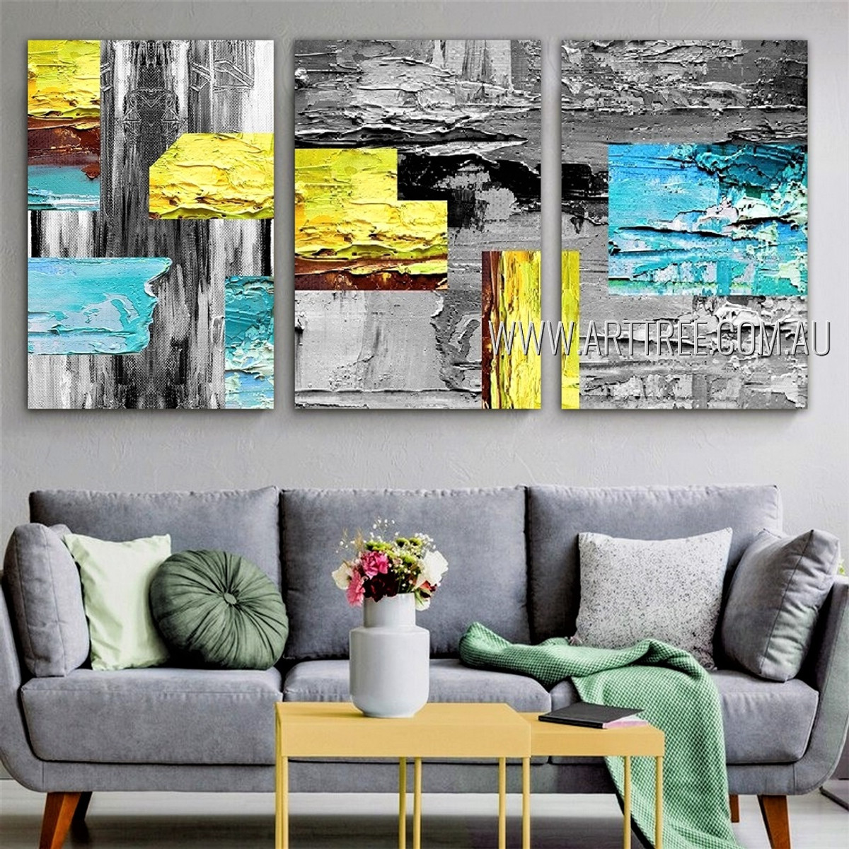 Mackles Design Abstract Modern Heavy Texture Artist Handmade Framed Stretched 3 Piece Multi Panel Wall Art Paintings For Room Décor