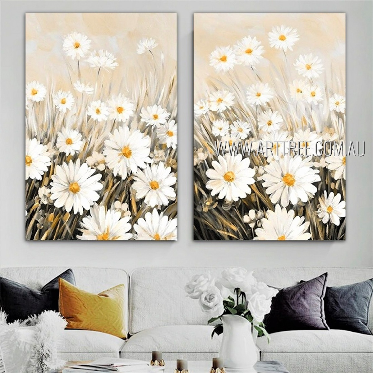 Blooms Garth Floral Landscape Nature Modern Heavy Texture Artist Handmade Framed Stretched 2 Piece Multi Panel Canvas Oil Painting Wall Art Set For Room Drape