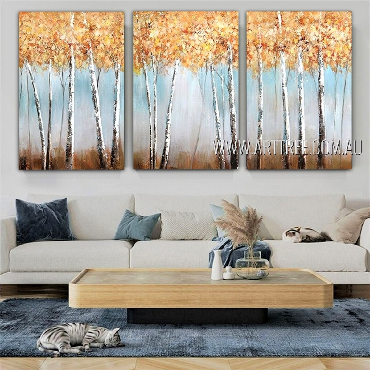 Drouth Trees Landscape Nature Modern Heavy Texture Artist Handmade Framed Stretched 3 Piece Multi Panel Canvas Painting Wall Art Set For Room Outfit
