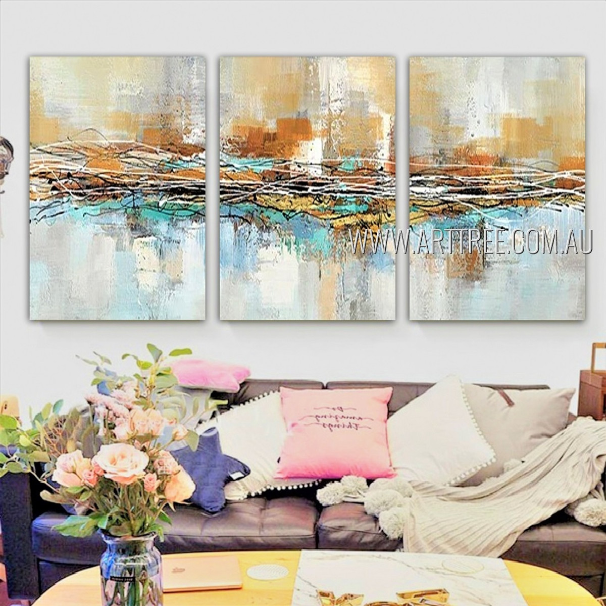 Colorful Lines Abstract Modern Heavy Texture Artist Handmade Framed Stretched 3 Piece Split Oil Painting Wall Art Set For Room Décor