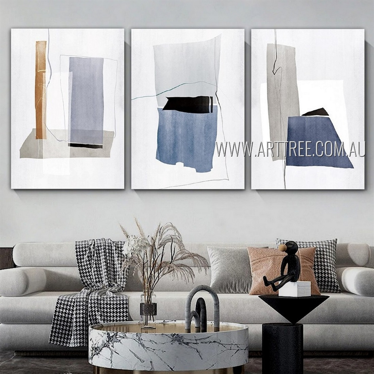 Patches Abstract Nordic Heavy Texture Artist Handmade Framed Stretched 3 Piece Multi Panel Canvas Painting Wall Art Set For Room  Arrangement