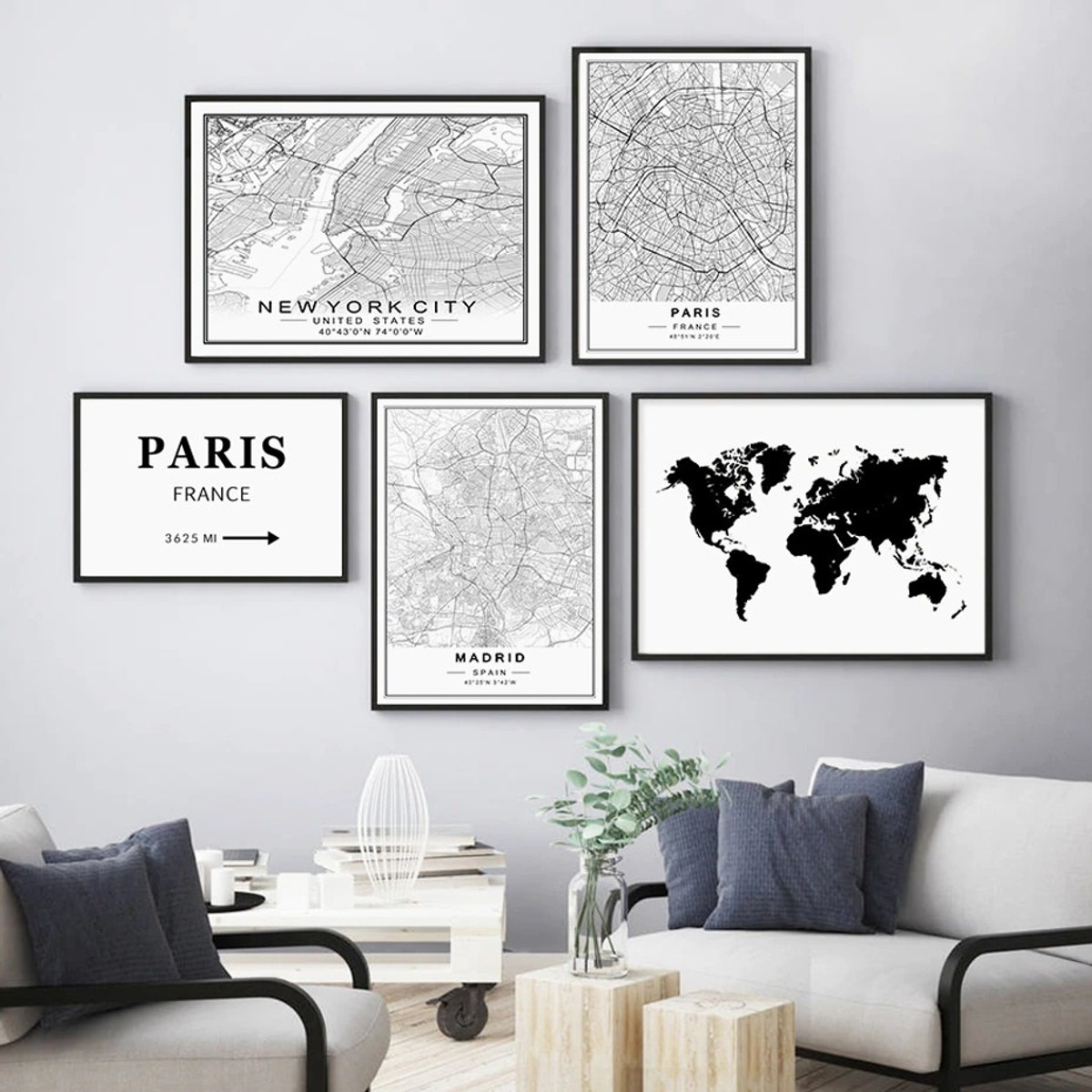 World Cities Map Abstract Typography Modern 5 Piece Artwork Set Picture Canvas Print for Wall Hanging Ornament