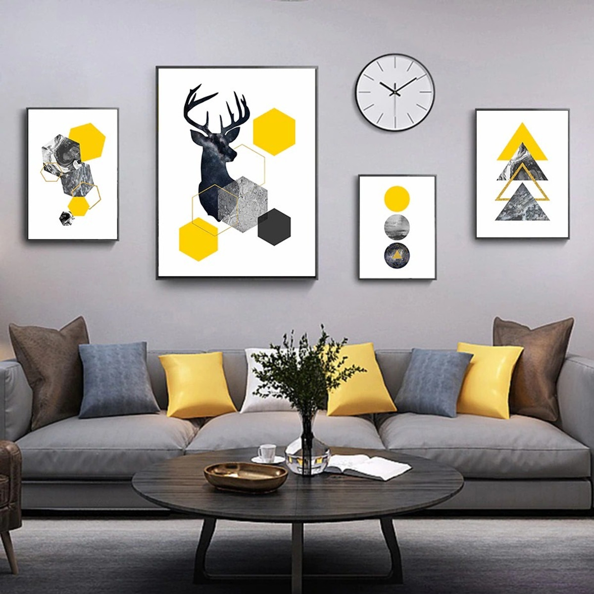 Blemish Reindeer Circles Nordic Wall Animal Painting Photograph Geometric Canvas Print 4 Multi Piece for Home Drape