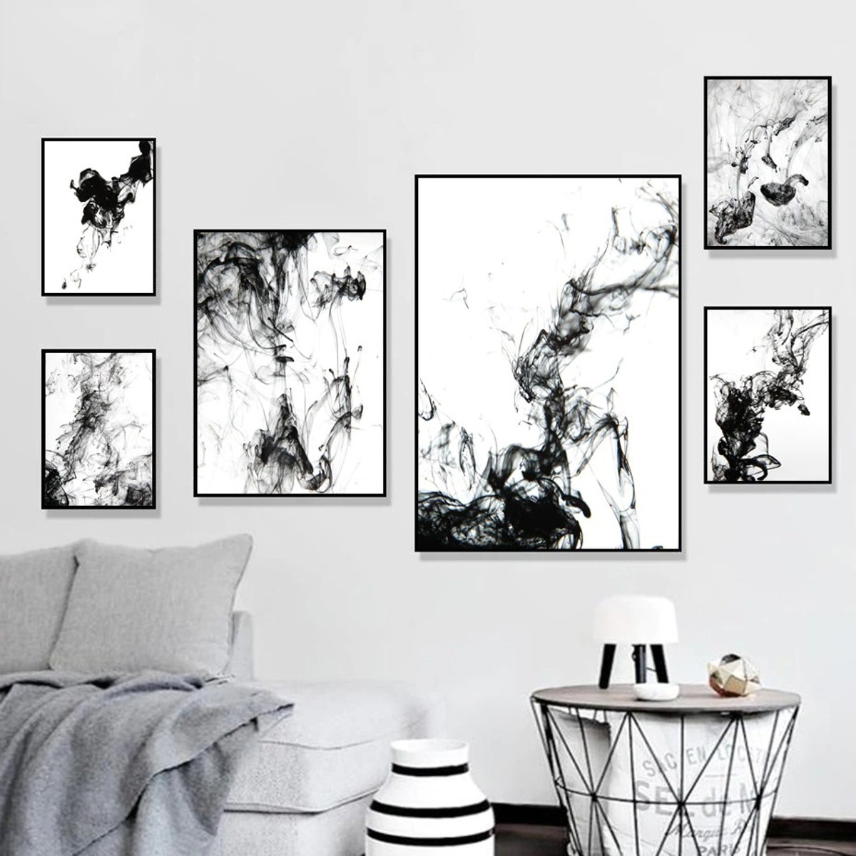 Convoluted Speckles Spots Large Modern Canvas Print 6 Panel Minimalist Picture Painting Abstract for Home Décor Ideas