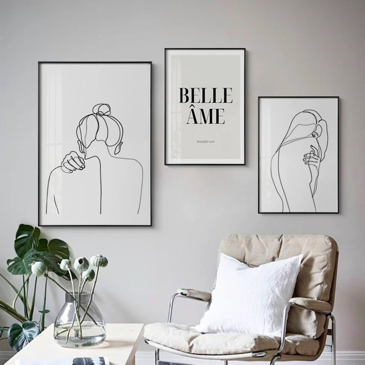 Belle Ame Beautiful Soul Typography Modern Minimalist Set Picture 3 Multi Panel Canvas Print Artwork Set for Wall Hanging Garniture