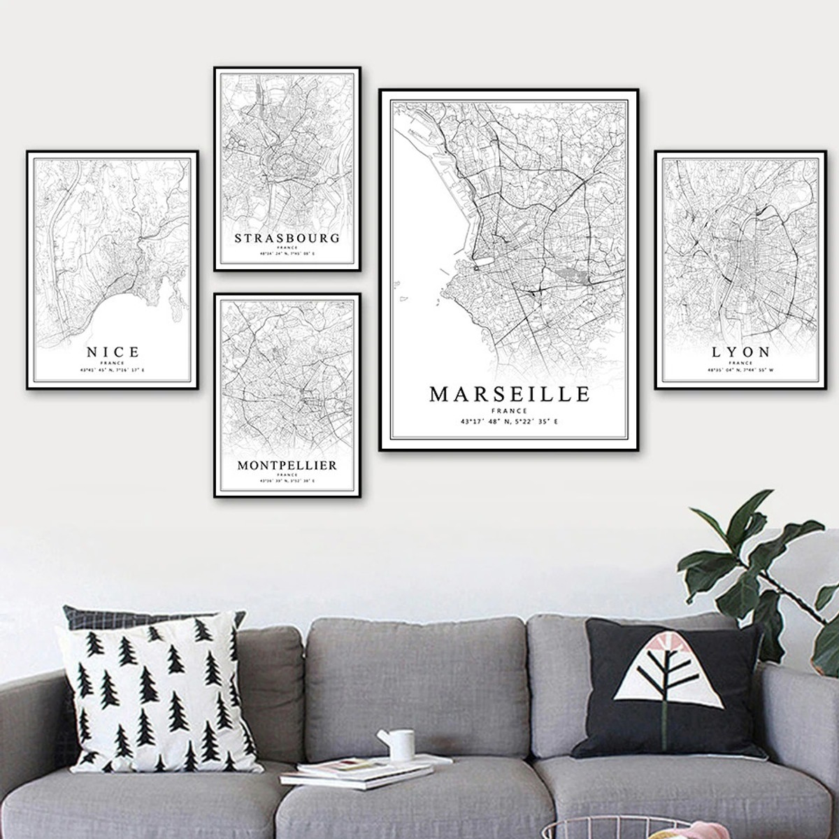 Nice Strasburg Montpellier Maps Abstract Typography 5 Multi Panel Modern Artwork Set Photograph Print On Canvas for Room Wall Ornamentation