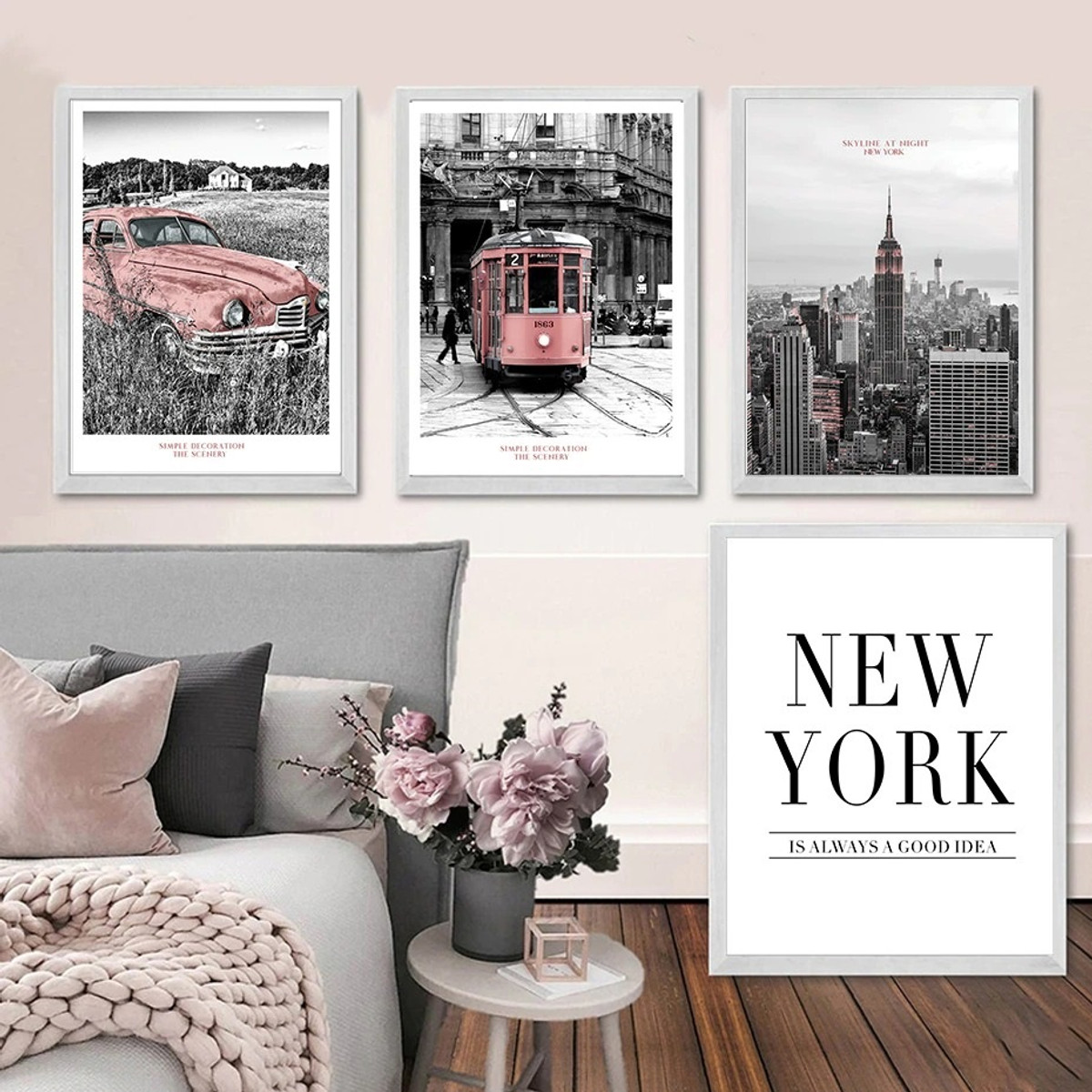 The Empire State Building Typography Photograph Vintage Landscape 4 Piece Set Canvas Print for Room Wall Art Trimming
