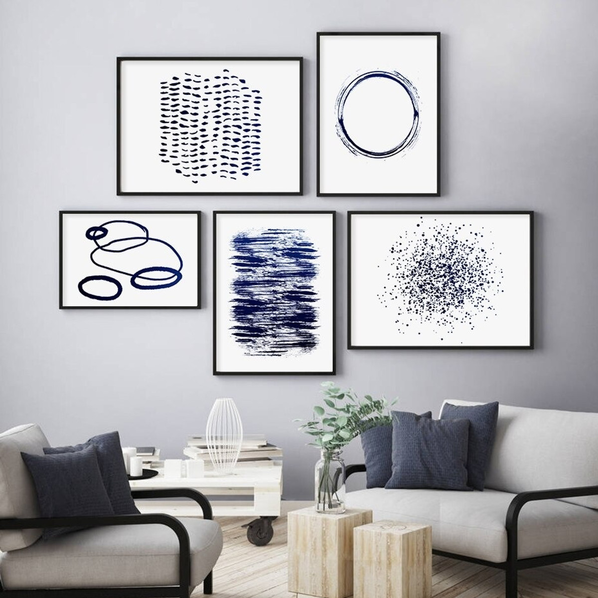 Blue Scansion Points Circles Abstract Geometrical 5 Multi Panel Modern Painting Set Photograph Canvas Print for Room Wall Garnish