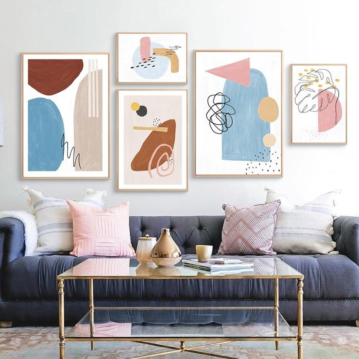 Chromatic Blob Triangle Modern 5 Multi Panel Abstract Painting Set Photograph Geometrical Canvas Print for Room Wall Garnish