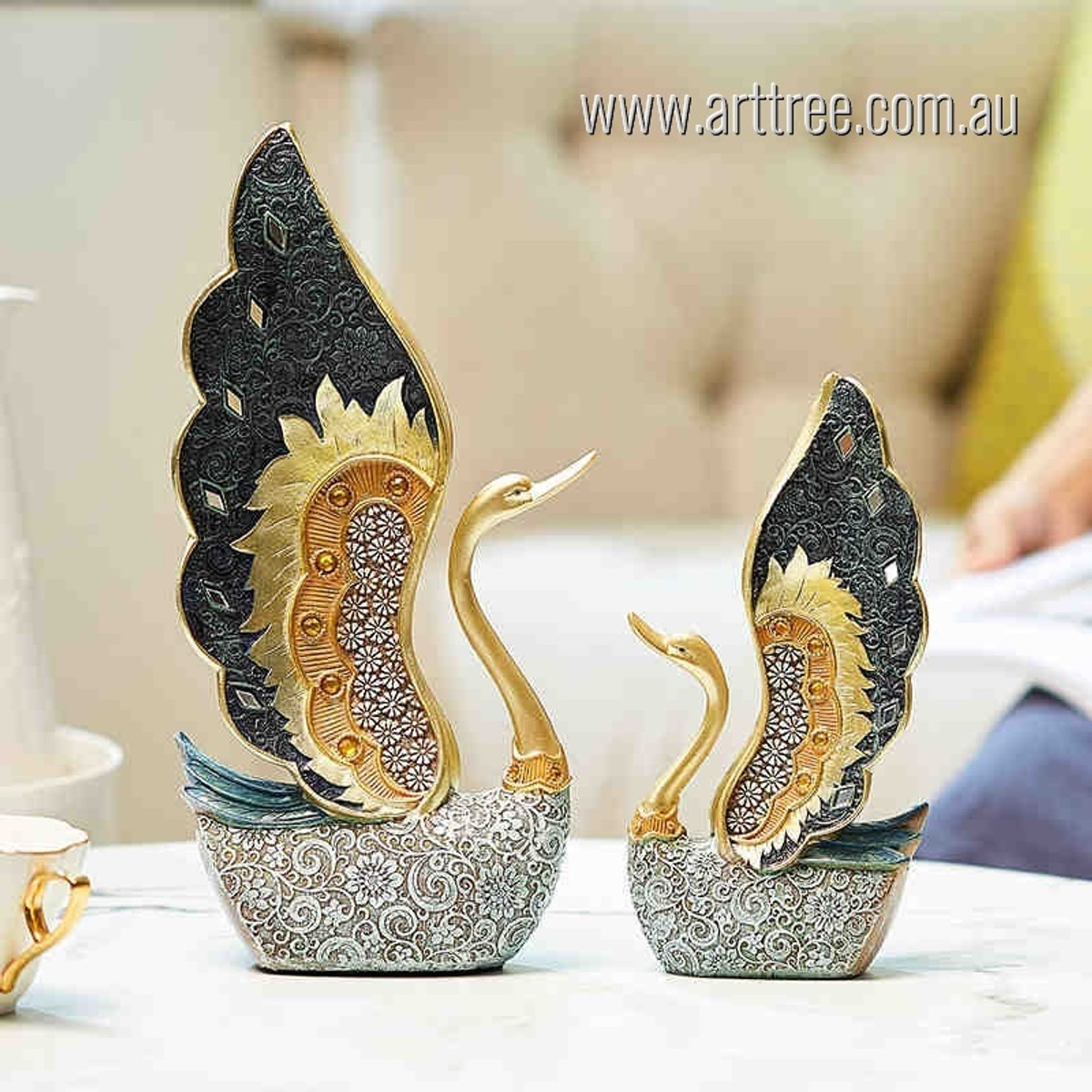 Colourful Swan Bird Animal 2 Piece Modern Handmade Figurines Resin Art Famous Sculptures For Room Decor