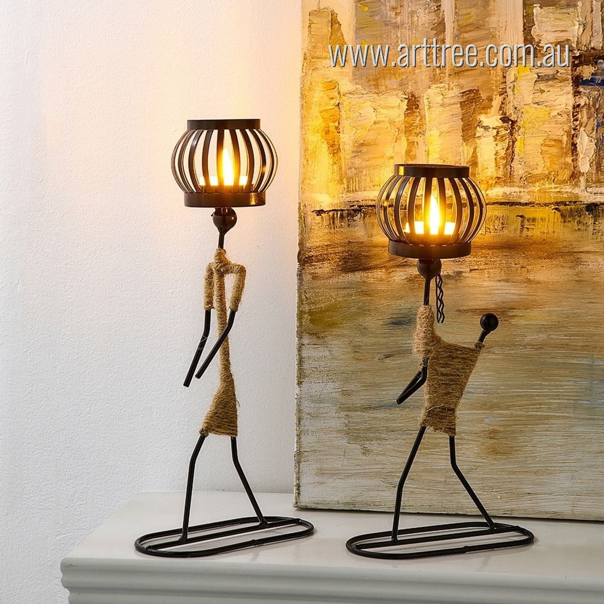 Humans Candle Lamp Holder Abstract 2 Piece Handmade Figurine Vintage Iron Sculptures For Sale Home Decoration
