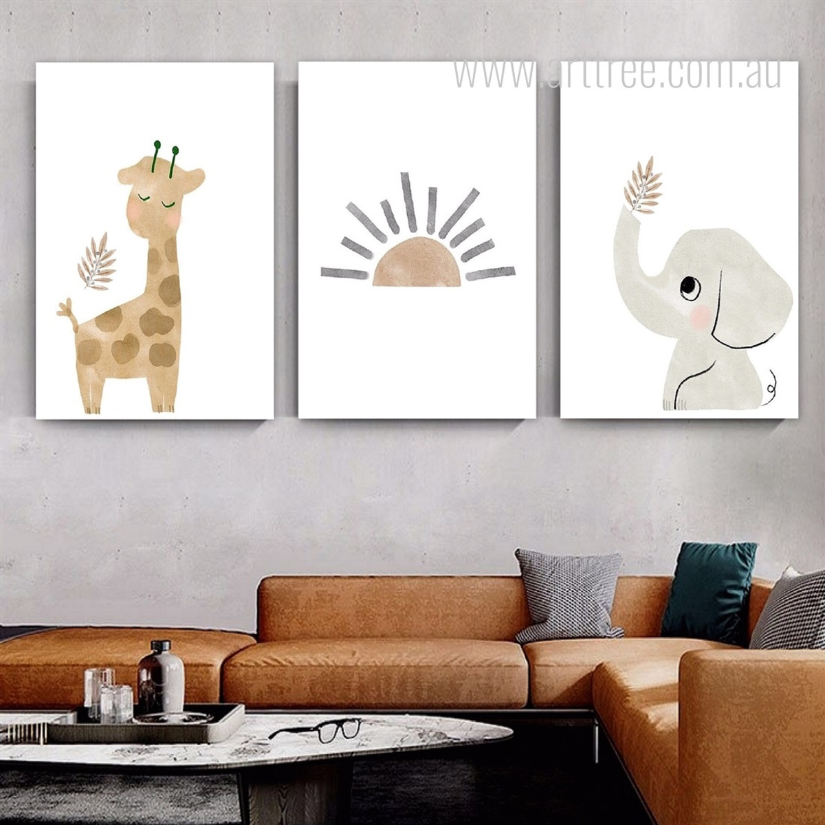 Giraffe Elephant Nursery Stretched Photograph Animal Watercolor 3 Piece Set Canvas Print for Room Wall Art Disposition