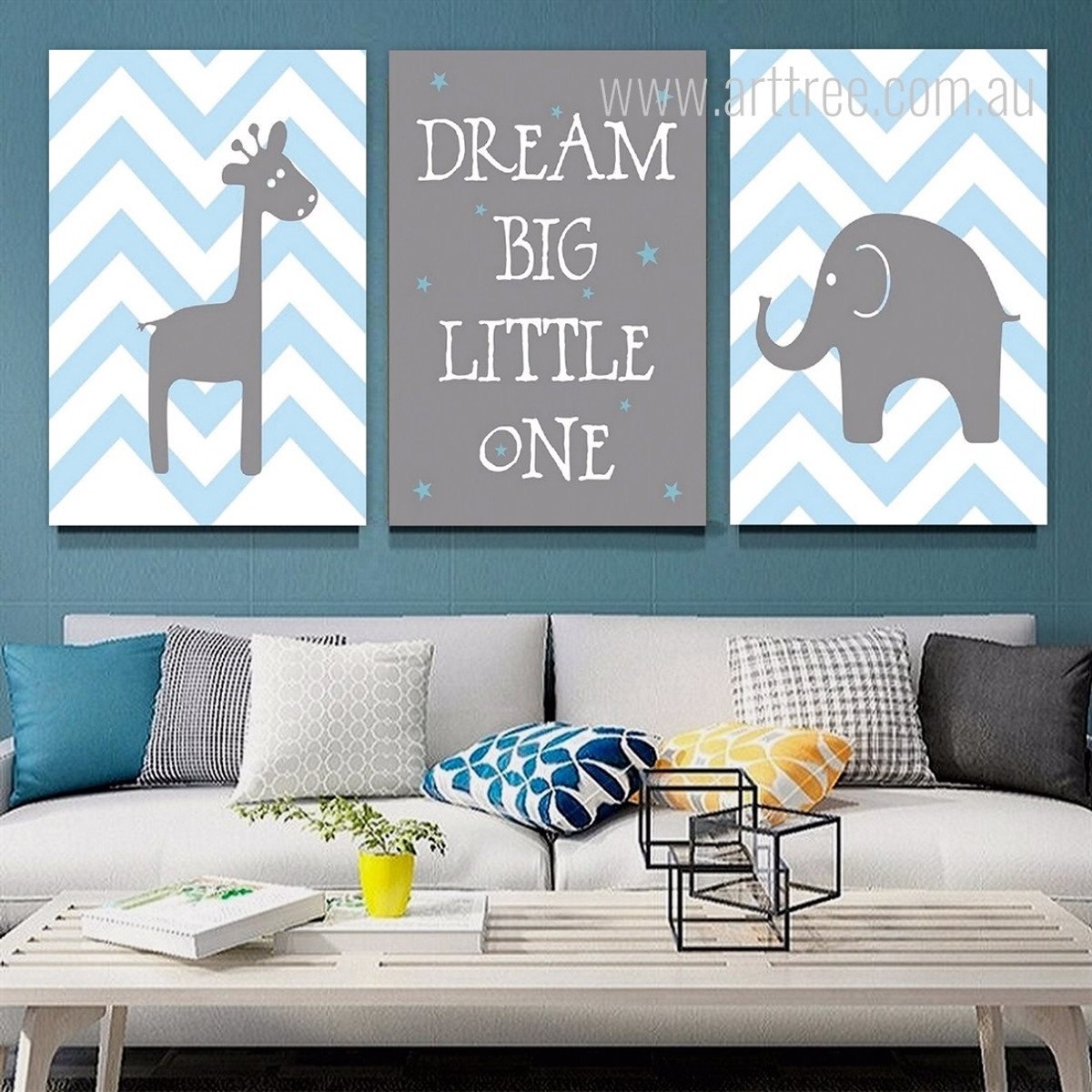 Dream Big Little One Abstract 3 Multi Panel Animal Painting Set Photograph Quotes Nursery Stretched Canvas Print for Room Wall Getup