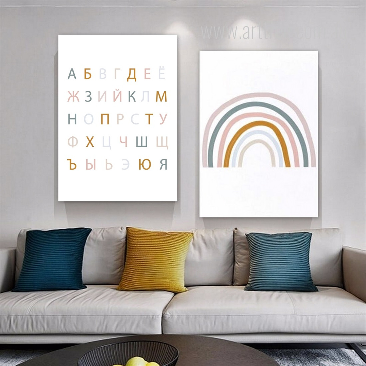 Russian ABC Alphabet Rainbow Typography Minimalist 2 Multi Panel Stretched Painting Set Photograph Nursery Kids Print on Canvas For Wall Hanging Equipment