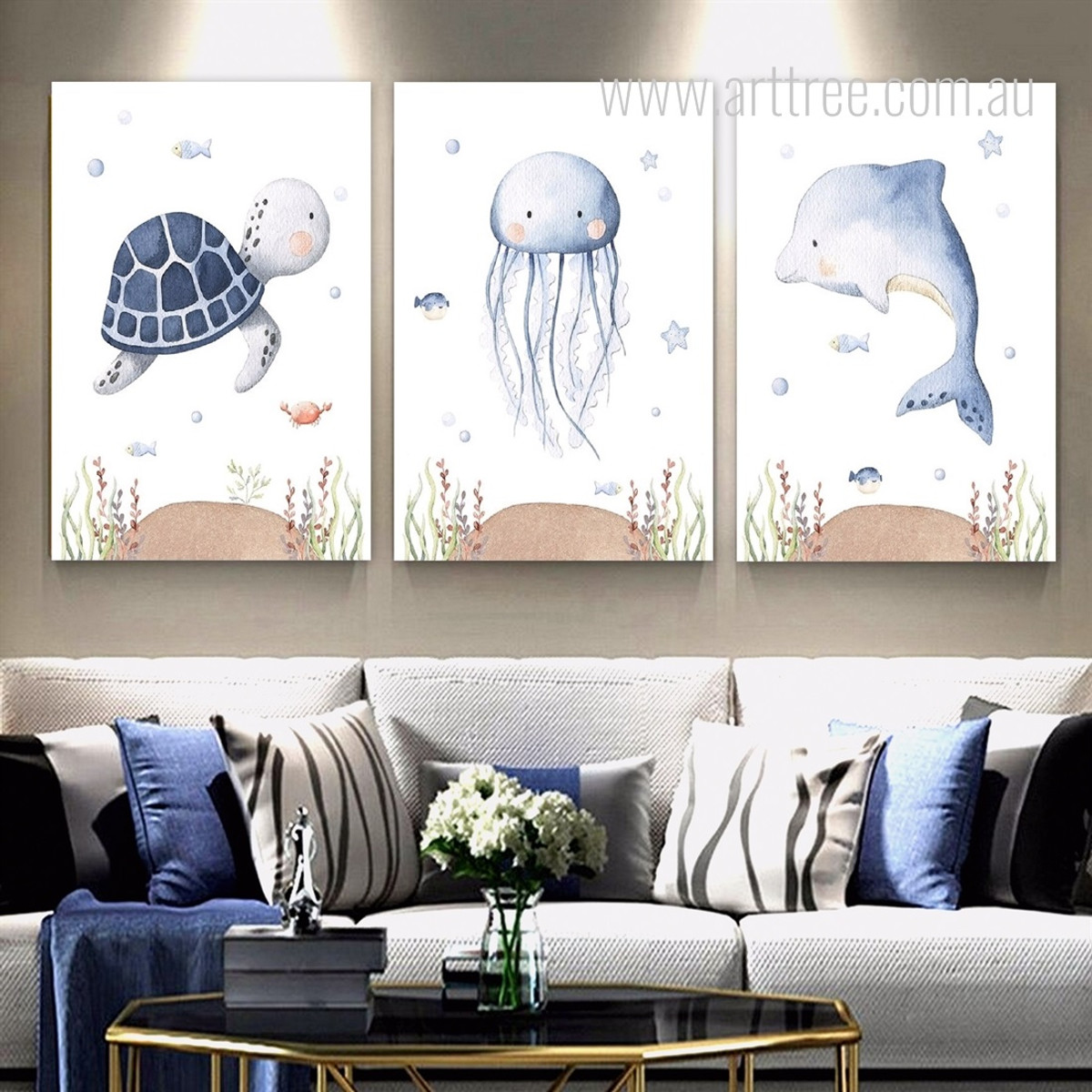 Turtle Dolphin Jellyfish Animal Seascape Photograph Nursery Stretched 3 Piece Set Canvas Print for Room Wall Artwork Décor