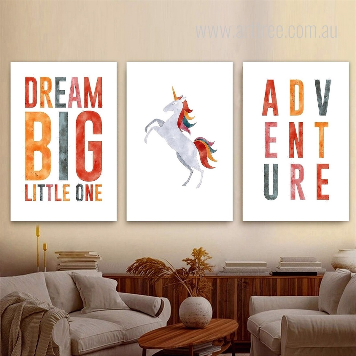 Dream Big Little One Typography 3 Multi Panel Minimalist Painting Set Photograph Stretched Nursery Canvas Print for Room Ornament