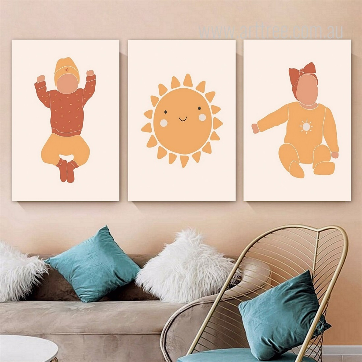 Cute Playing Progeny Nursery Scandinavian Cheap 3 Multi Panel Figure Kids Wall Stretched Art Photograph Canvas Print for Room Embellishment