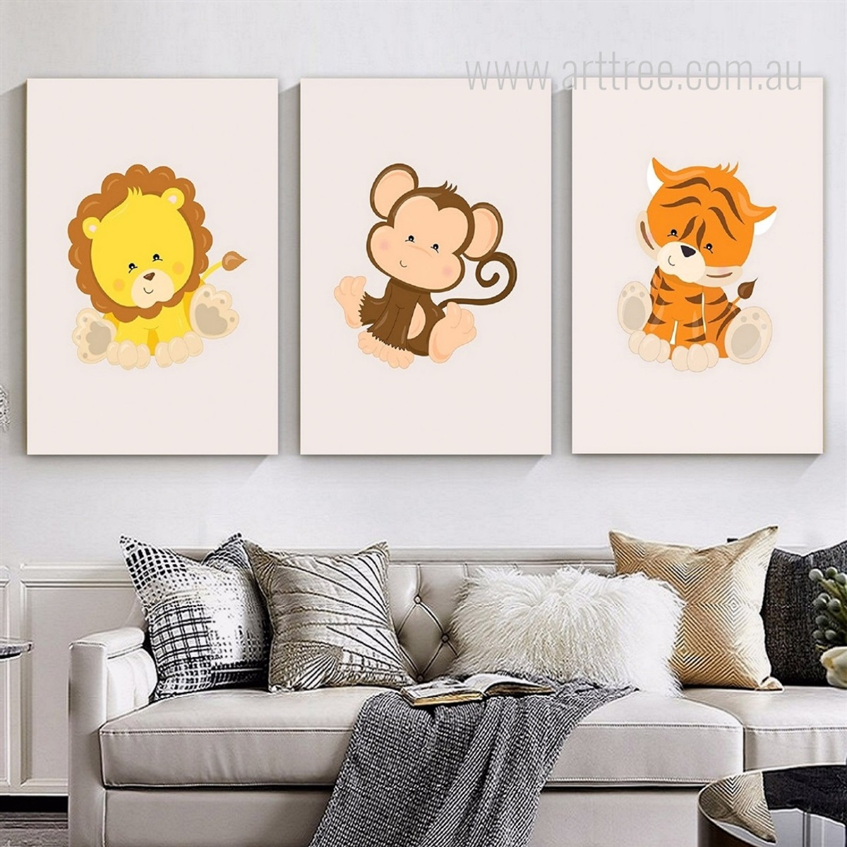 Cute Wild King And Monkey Minimalist Nursery Photograph Animal 3 Piece Set Stretched Canvas Print for Room Wall Art Drape