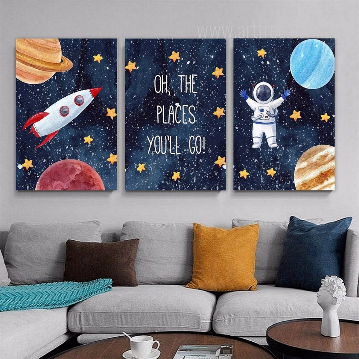 The Places You’ll Go Planets Nature Typography 3 Multi Panel Painting Set Photograph Nursery Stretched Print on Canvas for Wall Hanging Illumination