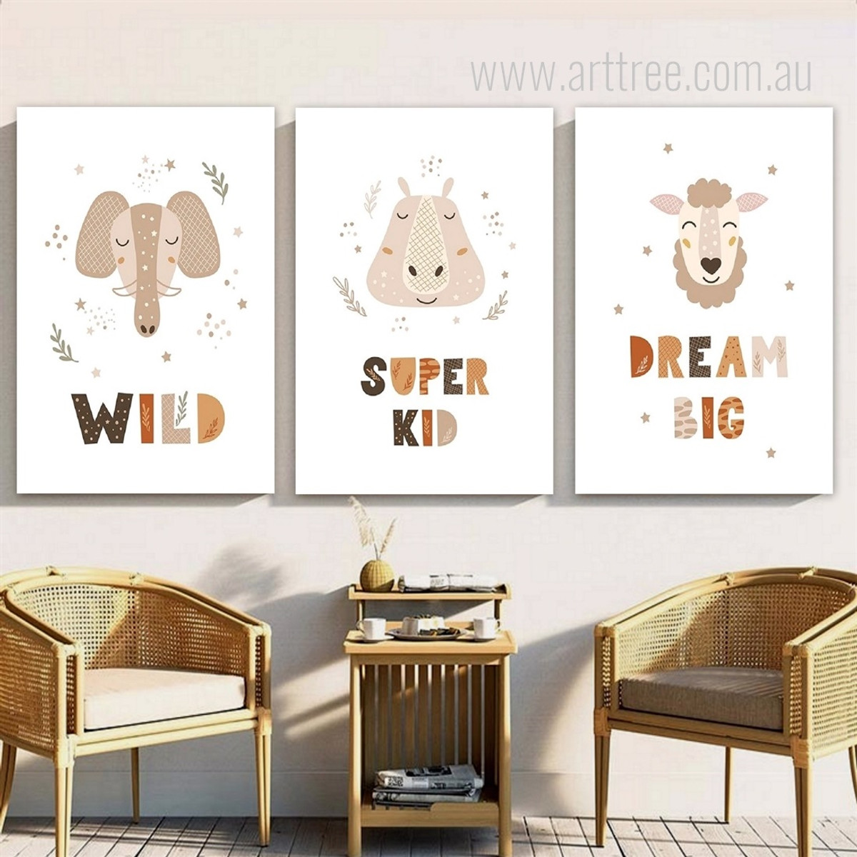 Elephant Hippo Sheep Portrait Typography Animal 3 Multi Panel Nursery Stretched Painting Set Photograph Canvas Print for Room Wall Flourish