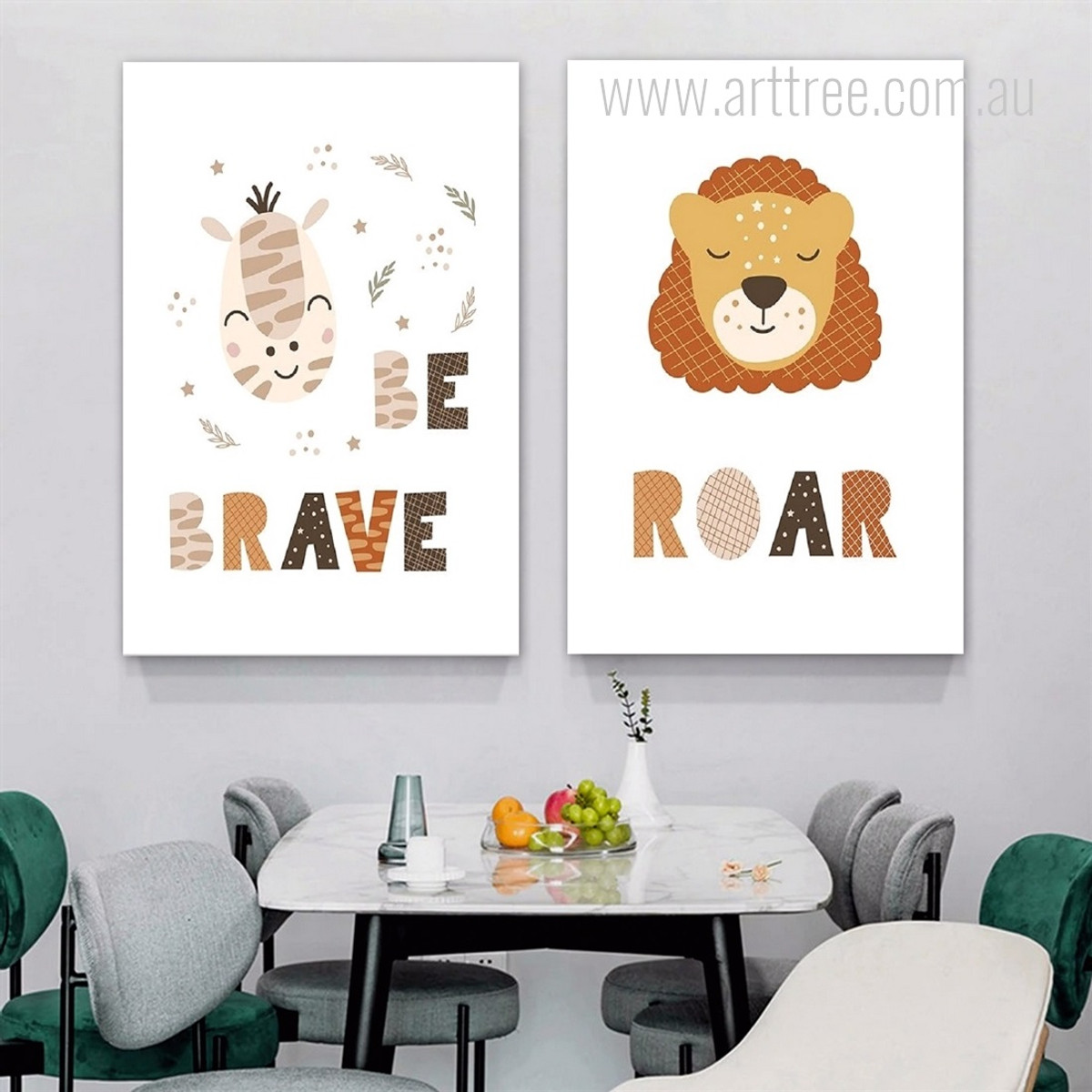 Be Brave Hippo Animal 2 Multi Panel Typography Painting Set Photograph Kids Nursery Stretched Canvas Print for Room Wall Getup