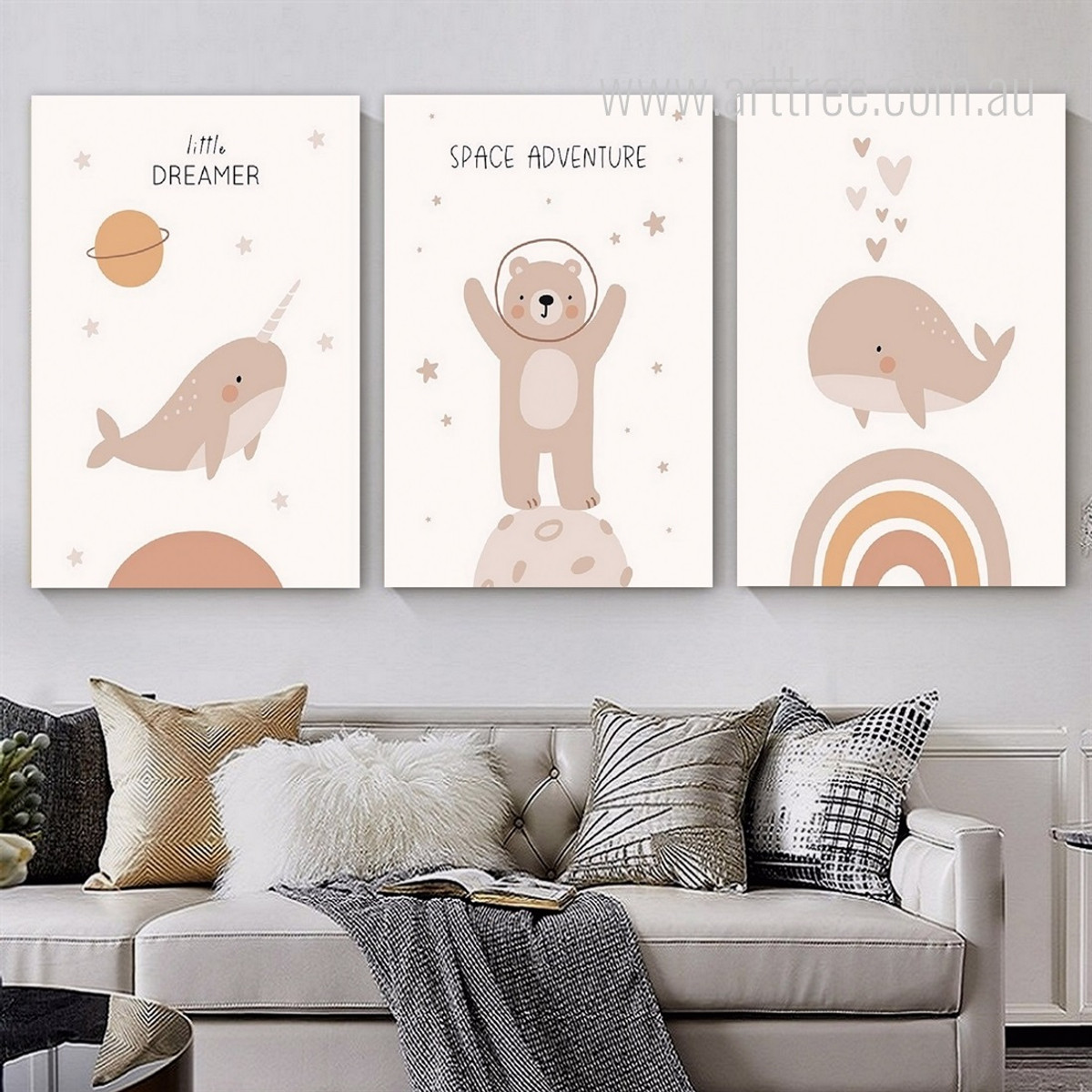 Little Dreamer Whale Nature Typography 3 Multi Panel Artwork Set Photograph Stretched Nursery Canvas Print for Room Embellishment