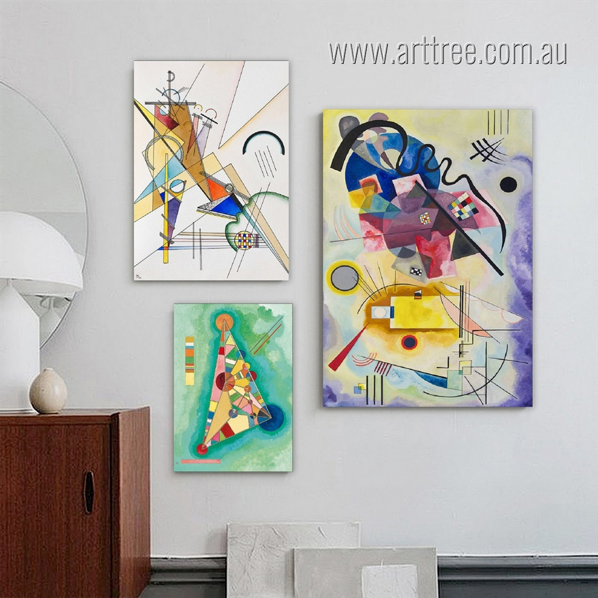 Wassily Kandinsky Yellow Red Blue Abstract Vintage Artist Handmade Painting Photo Framed Stretched 3 Piece Wall Decor Set Wall Art Canvas Print for Room Adornment