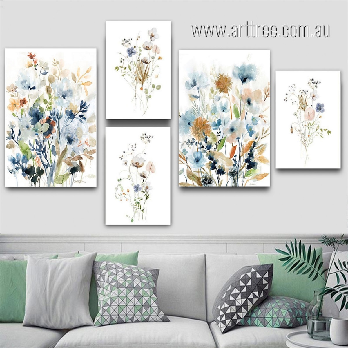 Watercolor Flowers Botanical Floral Abstract Modern Handmade Painting Image Framed Stretched 5 Panel Canvas Prints Set for Room Garniture