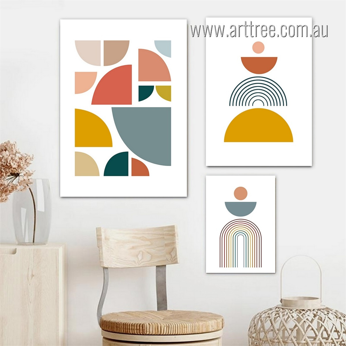 Geometric Shapes 03 Abstract Modern Handmade Painting Photo Framed Stretched 3 Piece Wall Decor Set Canvas Print for Room Adornment