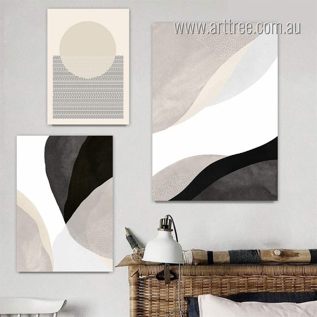 Geometric Circle Minimalist Beige Black Abstract Modern Handmade Painting Image Framed Stretched 3 Panel Canvas Prints Set for Room Assortment