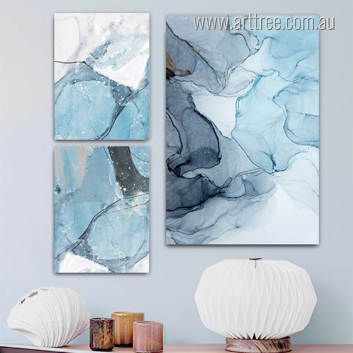 Blue Daubs Marble Modern Photograph 3 Piece Set Abstract Rolled Stretched Canvas Print Artwork for Room Wall Finery