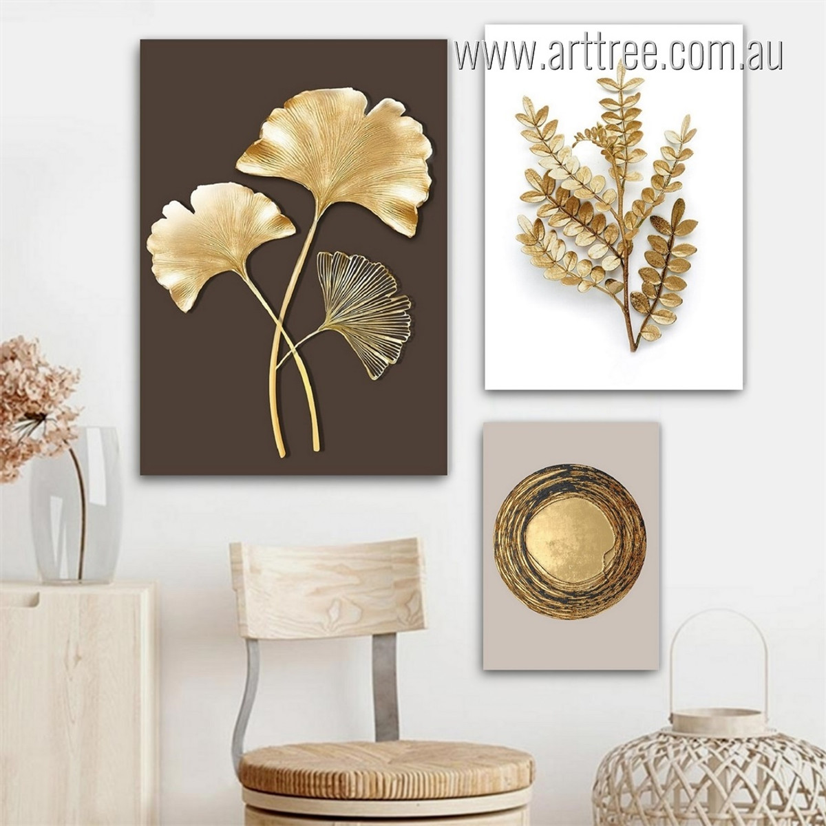 Golden Ginkgo Leafage Orb Circle Geometric Modern Set Picture 3 Multi Panel Botanical Stretched Canvas Print Set for Wall Australian Art Getup