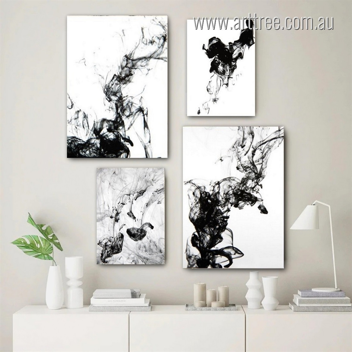 Black Mackles Contemporary Stretched Minimalist 4 Panel Set Abstract Painting Photograph Print on Canvas Home Wall Equipment