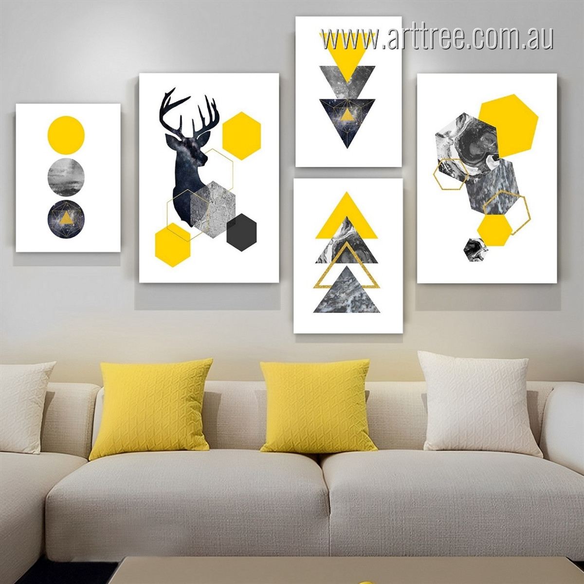Trigon Hexagon Orb Geometric Abstract 5 Piece Photograph Modern Artwork Set Stretched Canvas Print for Room Wall Adornment