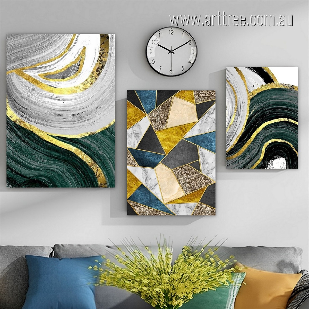Taint Trigon Marble Curved Lines Modern Photograph Abstract 3 Piece Geometrical Wall Set Canvas Print Stretched Artwork For Room Arrangement