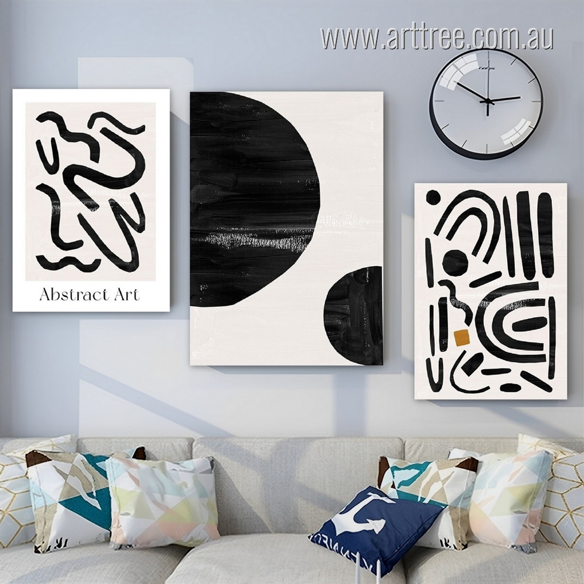 Black Bold Strokes Scansion Circles Abstract Photograph Modern Stretched 3 Piece Geometric Set Canvas Print for Room Wall Artwork Onlay