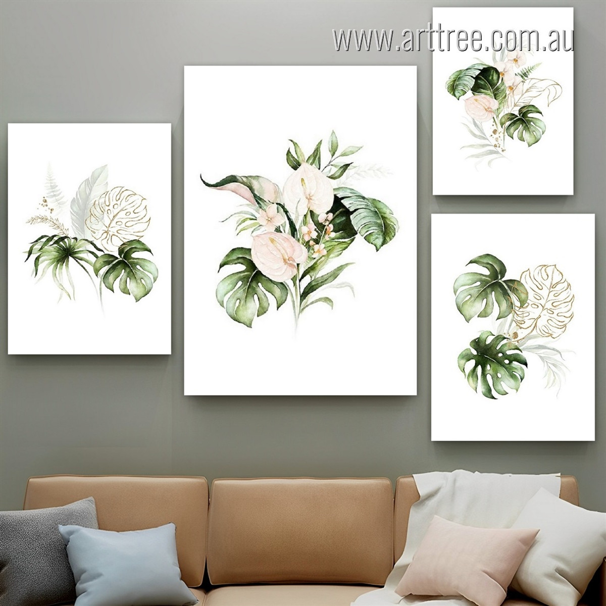 Tropical Floret Monstera Foliage Leaves Watercolor Botanical 4 Multi Panel Stretched Minimalist Painting Set Photograph Canvas Print for Room Wall Flourish