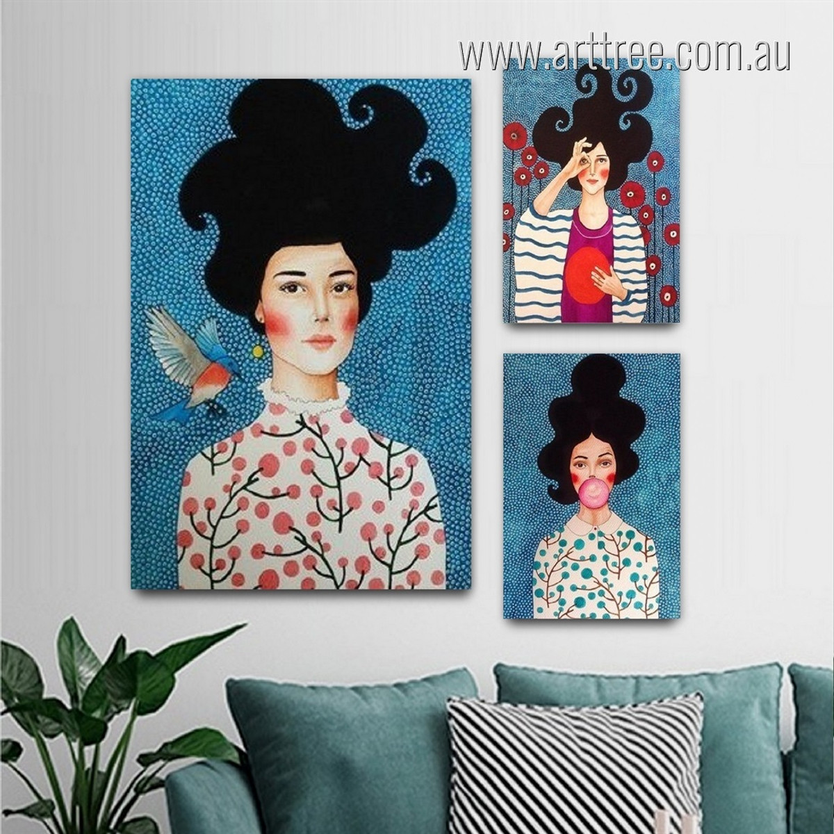 Beautiful Squaw Figure Female Contemporary Stretched Abstract 3 Panel Set Floral Painting Photograph Print on Canvas Home Wall Equipment