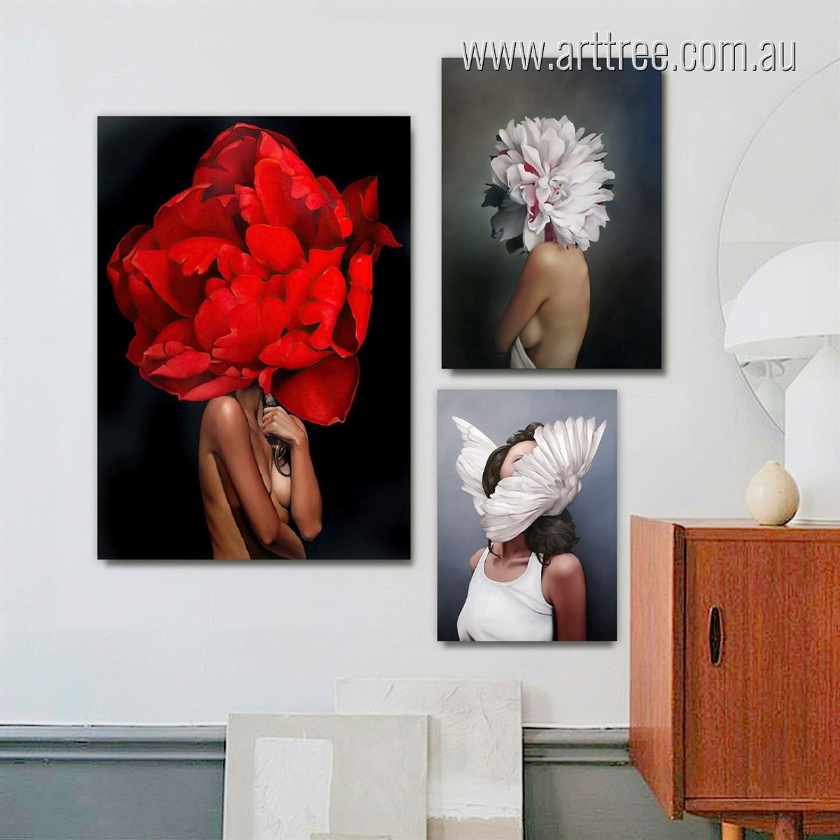 Stylish Squaw Floret Flowers Figure Modern Photograph Rolled 3 Piece Set Floral Canvas Print for Room Wall Art Moulding