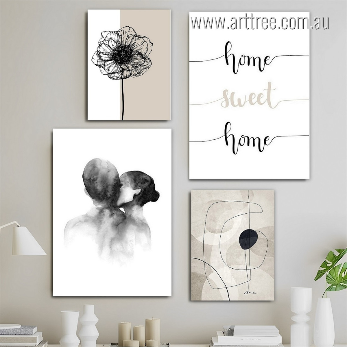 Home Sweet Home Curved Lines Abstract Stretched Modern Photograph Quotes Art Prints 4 Piece Set Canvas for Room Onlay