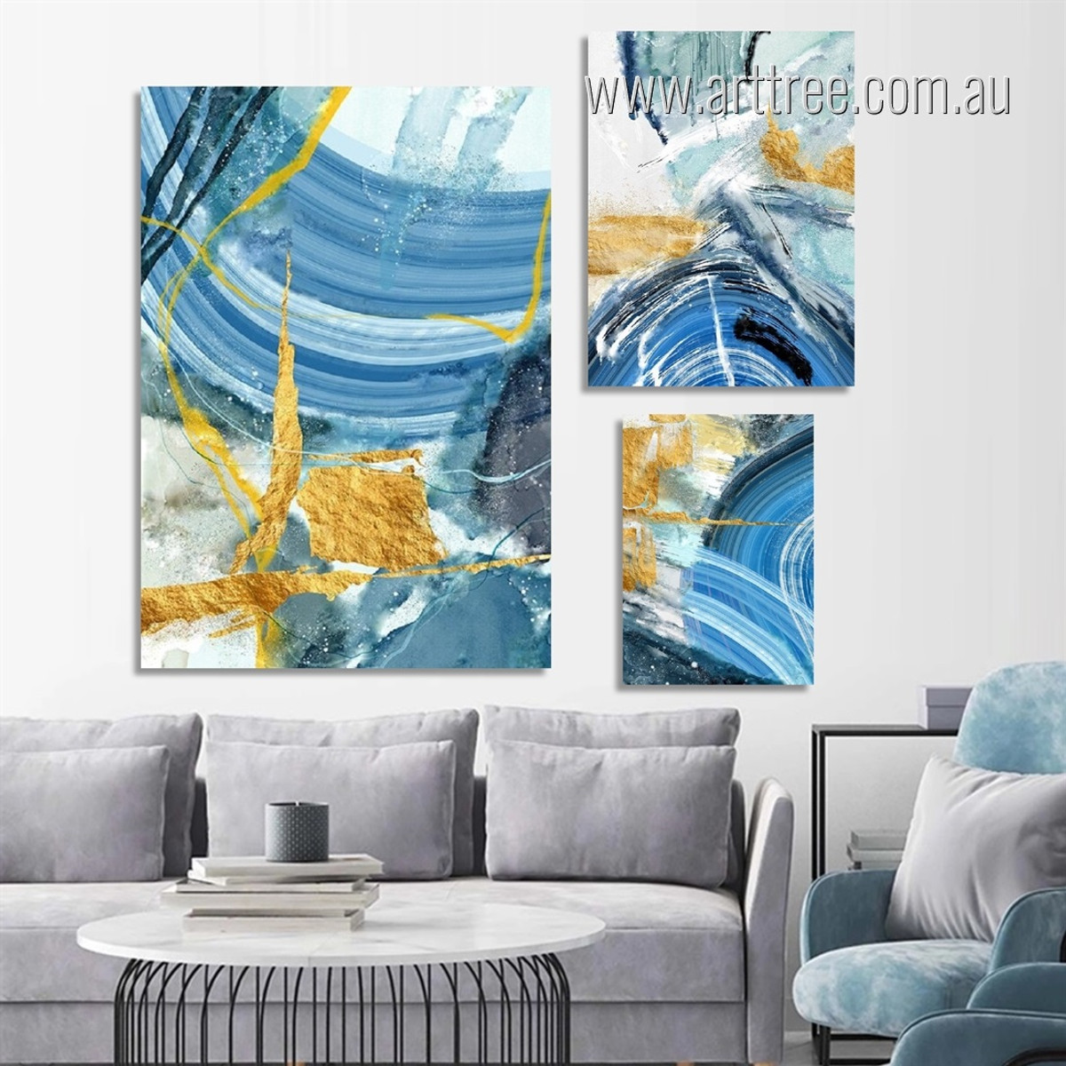 Blue Smudge Marble Modern Photograph 3 Piece Set Abstract Stretched Rolled Canvas Australian Painting Prints for Room Wall Arrangement