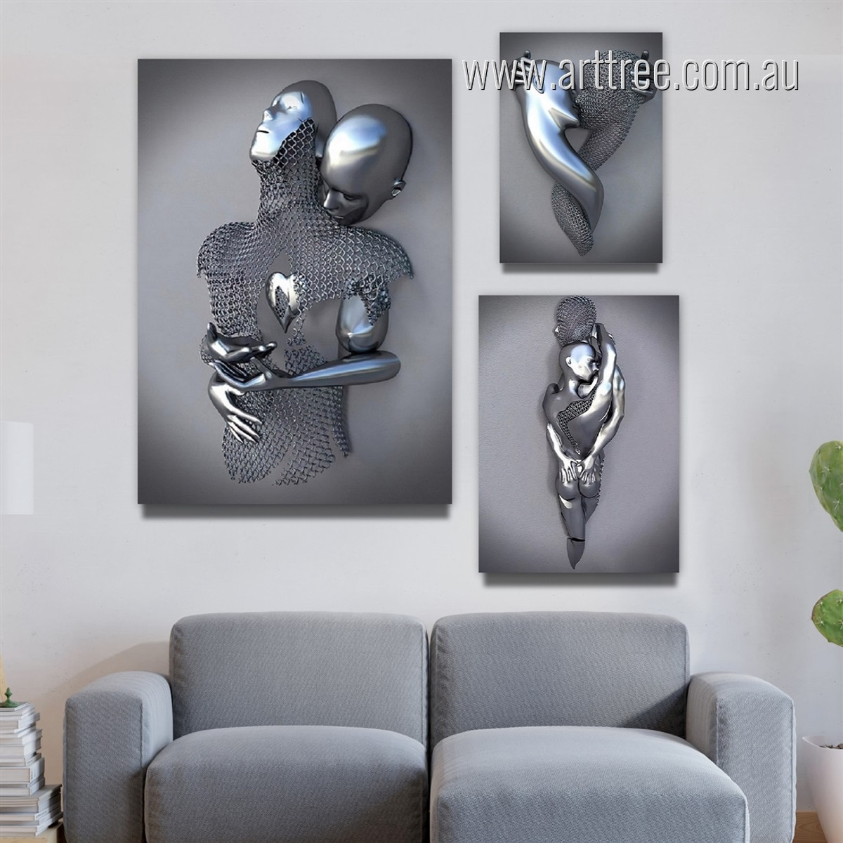 Couples Kissing 3D Metal Effect Black Art Abstract Modern Painting Picture Framed Stretched 3 Piece Canvas Set Print for Room Ornament