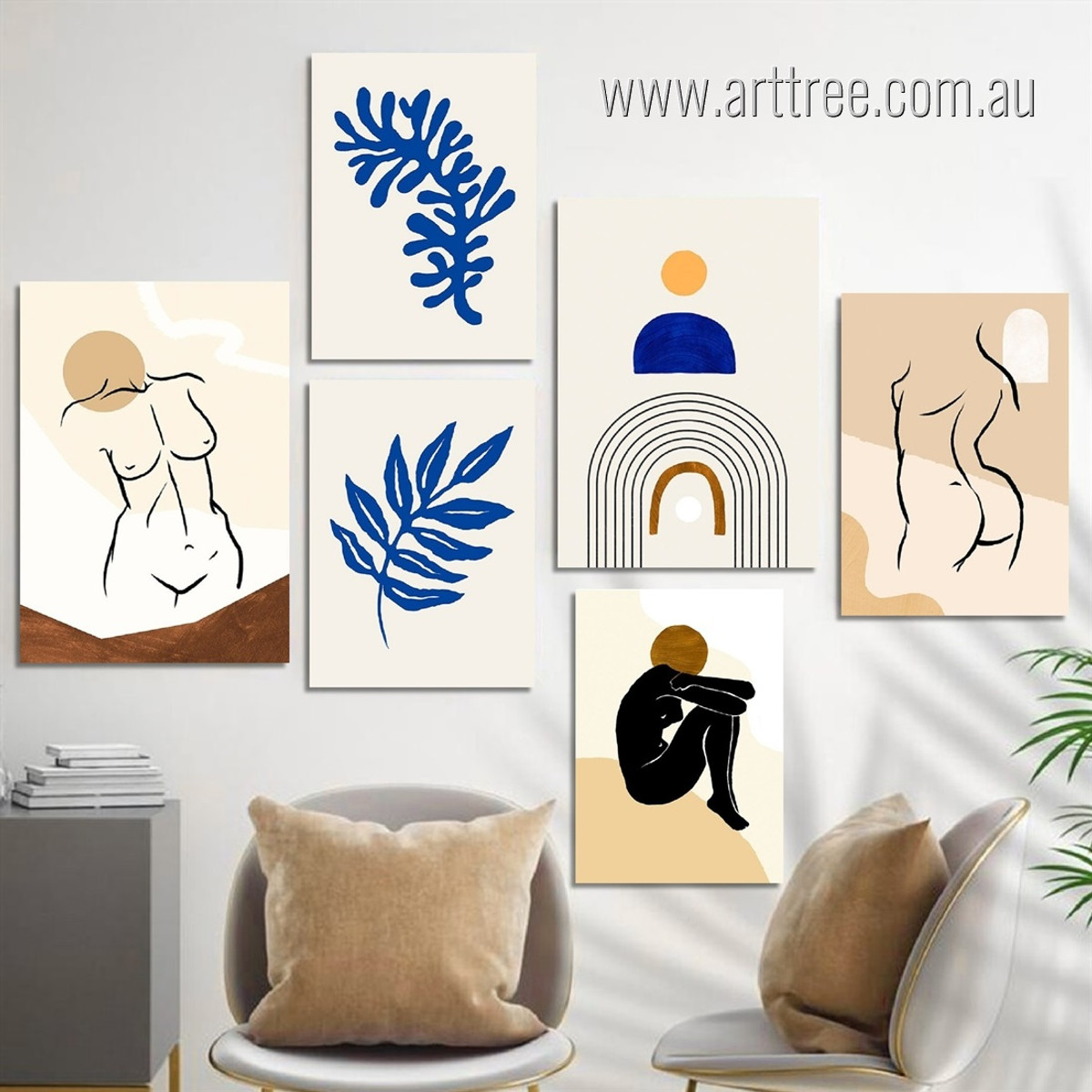 Nude Matron Mackles Circles Scandinavian Abstract Photograph 6 Piece Set Figure Rolled Stretched Canvas Print Artwork for Room Wall Molding