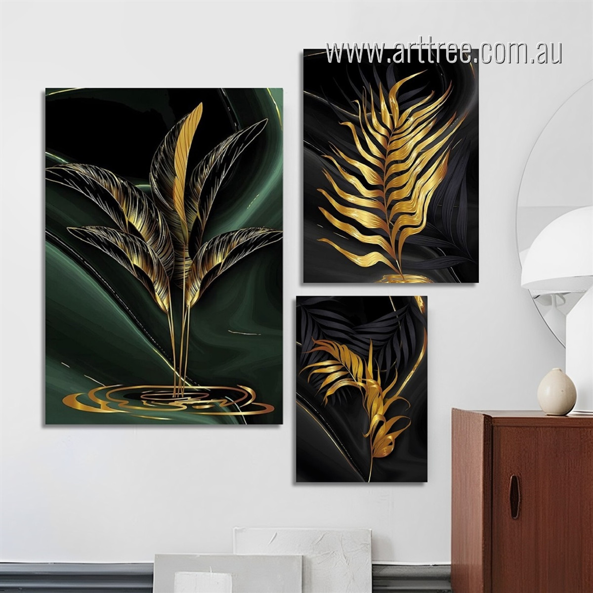 Gold Leafage Modern Botanical Photograph Stretched Abstract 3 Piece Set Canvas Print for Room Wall Art Adornment