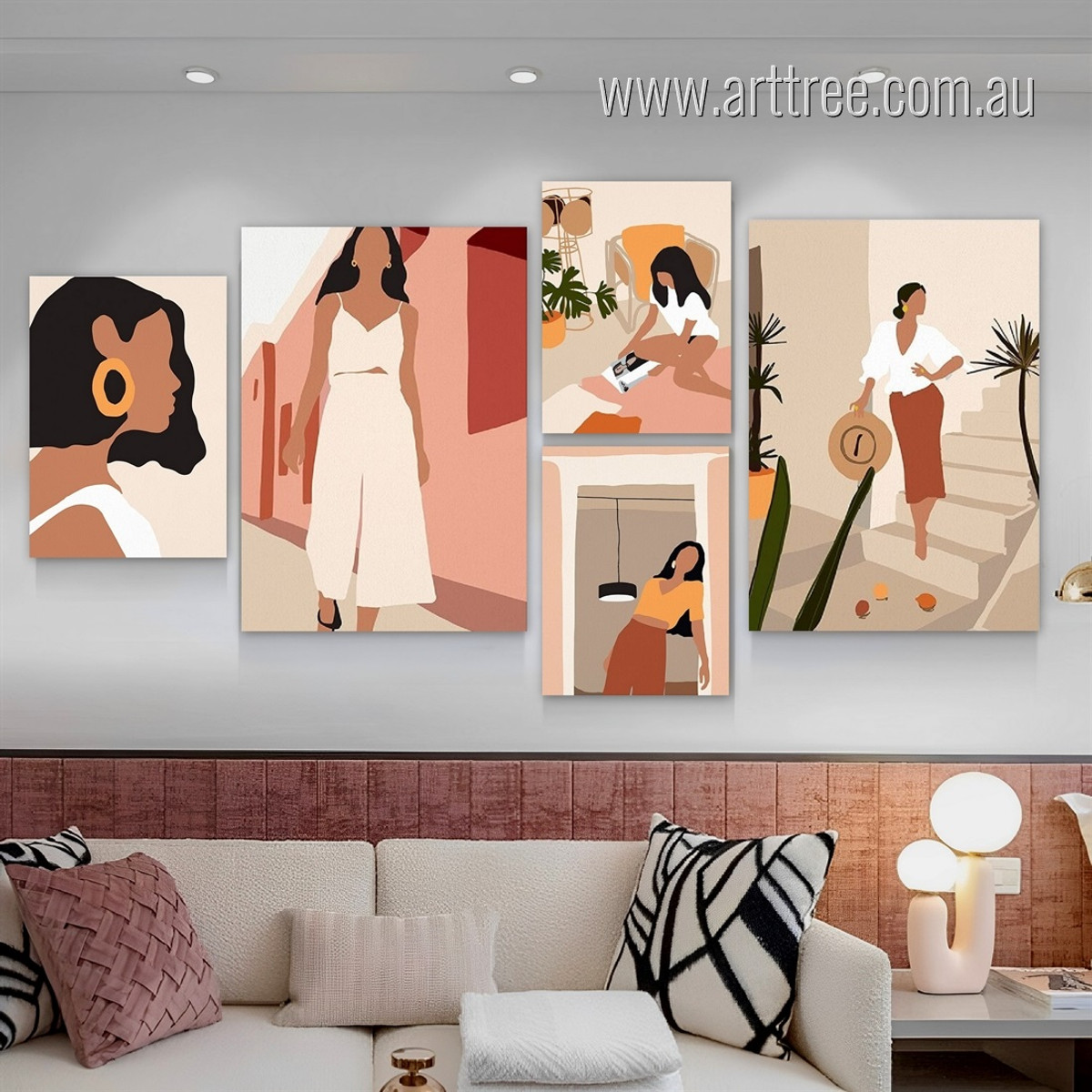 Fashionable Demoiselle Scandinavian Abstract Rolled 5 Multi Panel Painting Set Photograph Botanical Canvas Print for Room Wall Drape